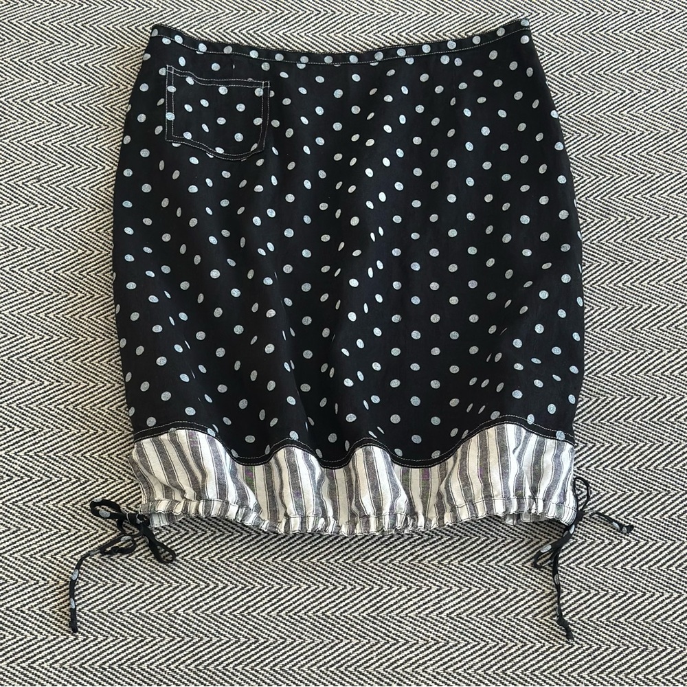 Solitaire Polka Dot Linen Skirt Sz L Drawstring Striped Bubble Hem Black White